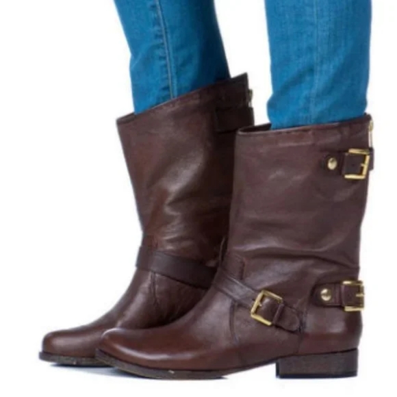 NEW! STEVE MADDEN Engage Leather Moto Booties Weathered Brown Boots - Picture 3 of 15